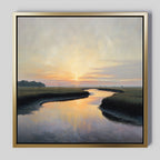 The Tidal Whispers Canvas Art - Square features a winding river at sunset, reflecting soft colors under a cloudy sky—illuminating a tranquil landscape and making it ideal as sunset wall decor.