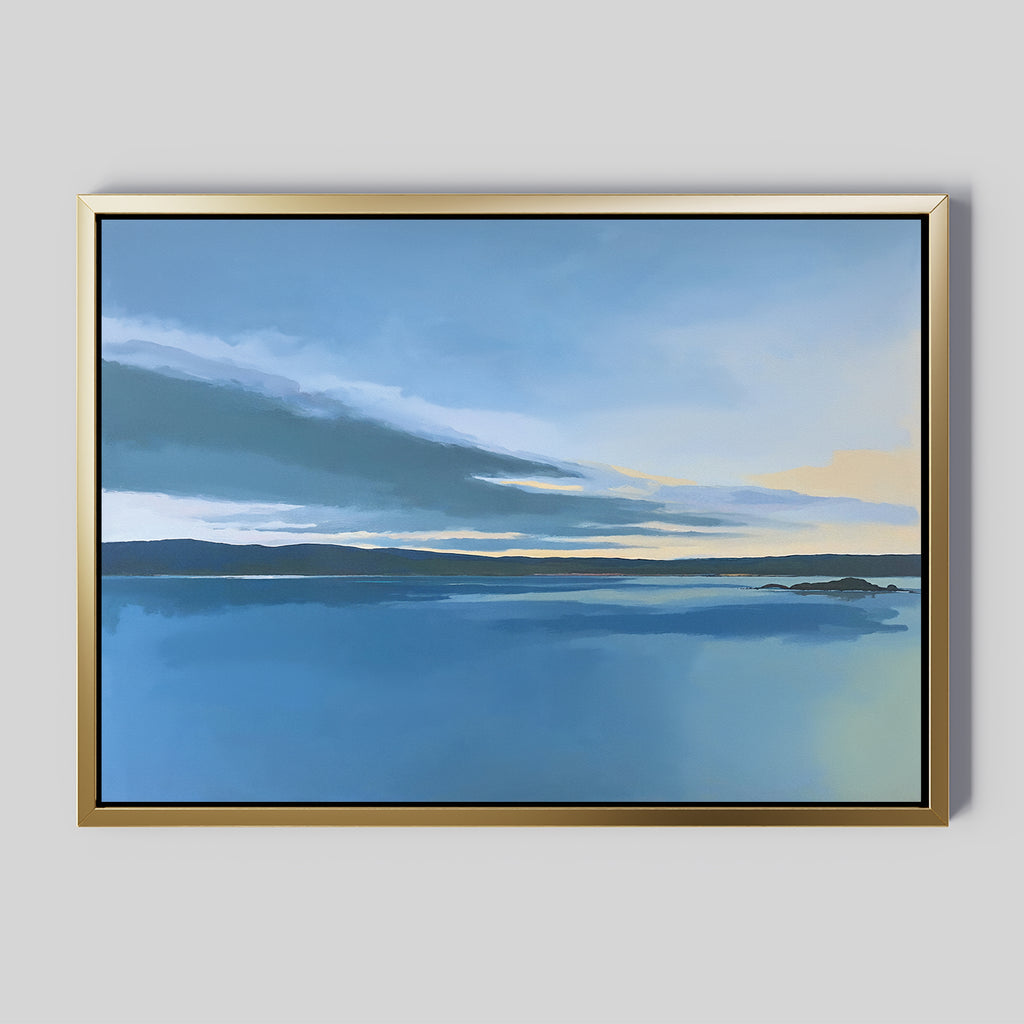 Tranquil Reflections Canvas Art - Horizontal features a serene lakescape at sunset with calm blue water, a glowing horizon, and soft clouds—perfect for peaceful lake wall art or calming bedroom decor.