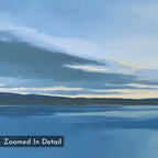 Tranquil Reflections Canvas Art - Horizontal features a serene lake with distant hills and a cloudy sunset, in blue and muted yellow tones. Ideal as peaceful wall art or calming bedroom decor. Text in the corner reads "Zoomed In Detail.