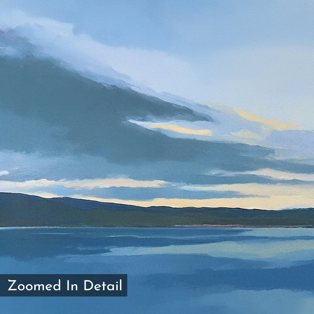 Tranquil Reflections Canvas Art - Square features a digital painting of a calm blue lake, distant hills, and a cloudy sunset sky. "Zoomed In Detail" appears in the corner, making this serene wall art perfect for any space.