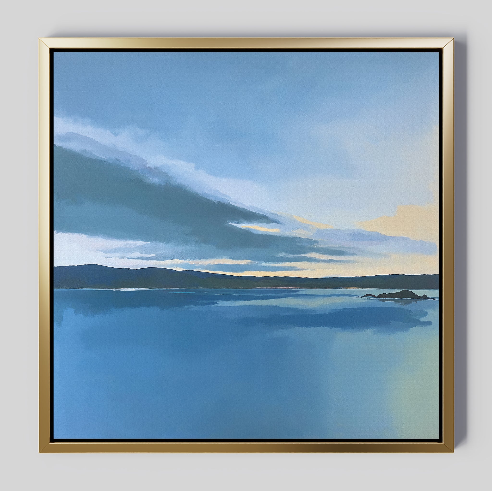 The Tranquil Reflections Canvas Art - Square features a calm blue lake, distant dark hills, and a softly blended sky shifting from blue to pale yellow, creating serene wall art ideal for adding tranquility to any room.