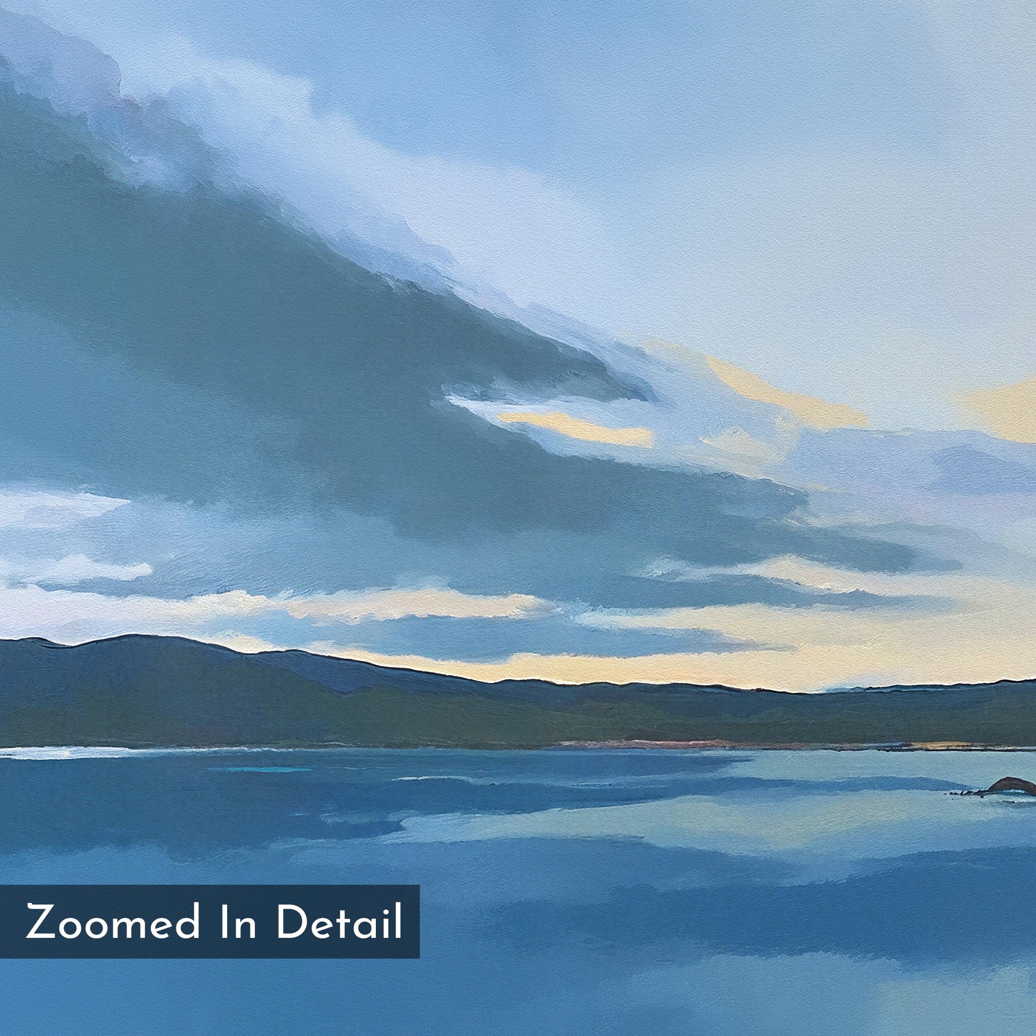 A digital painting of a calm lake with distant hills under a blue, cloud-filled sky. The water mirrors the sky. Text in the bottom left reads "Zoomed In Detail." Tranquil Reflections Canvas Art - Vertical—perfect serene wall décor for any space.