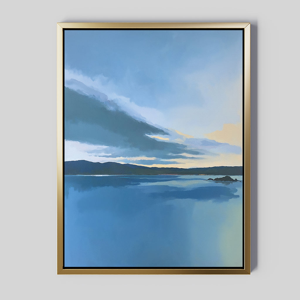 The "Tranquil Reflections Canvas Art - Vertical" features a serene blue lake with distant hills and a dramatic sky, soft clouds, and sunlight near the horizon, creating calming wall art for any light gray wall.