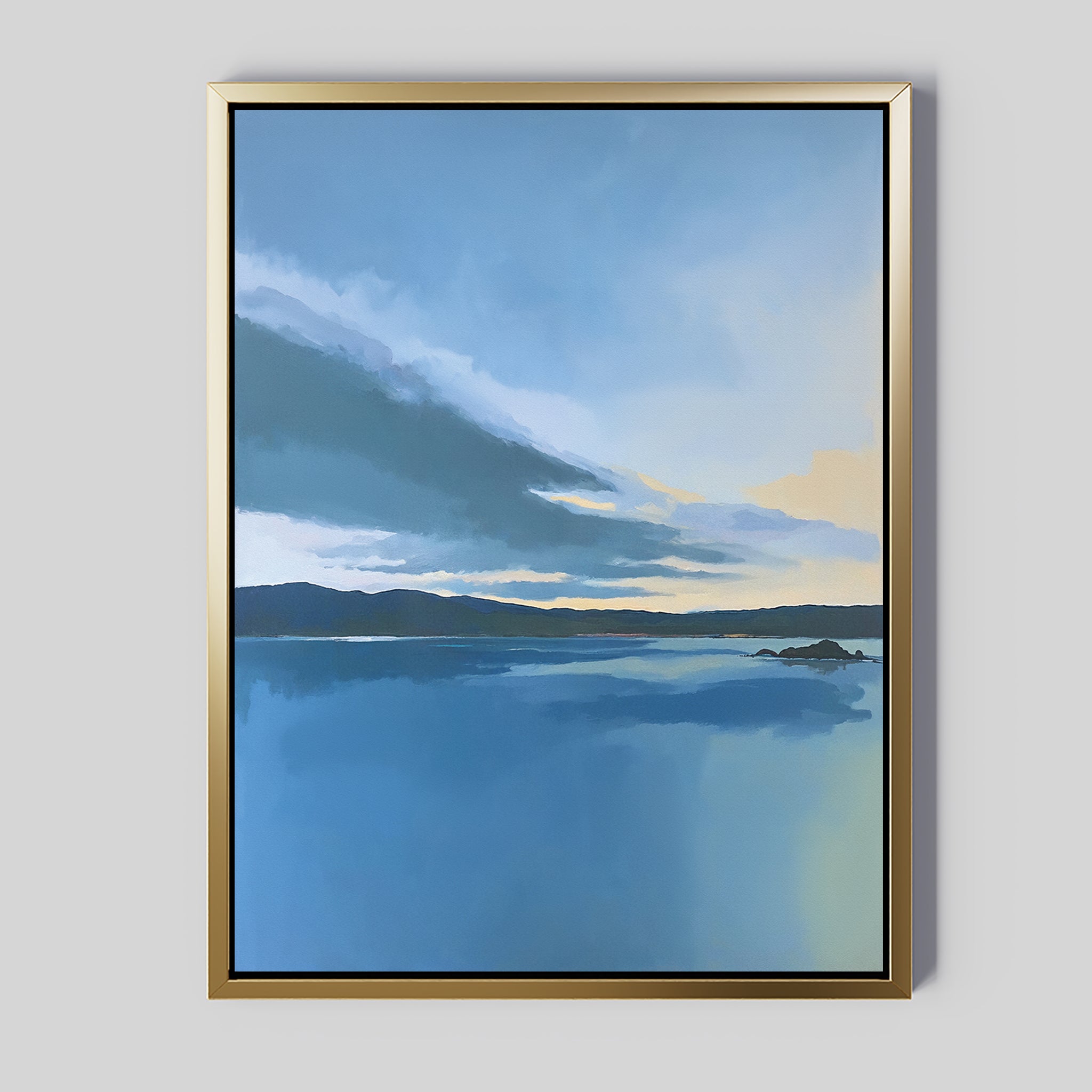 The "Tranquil Reflections Canvas Art - Vertical" features a serene blue lake with distant hills and a dramatic sky, soft clouds, and sunlight near the horizon, creating calming wall art for any light gray wall.