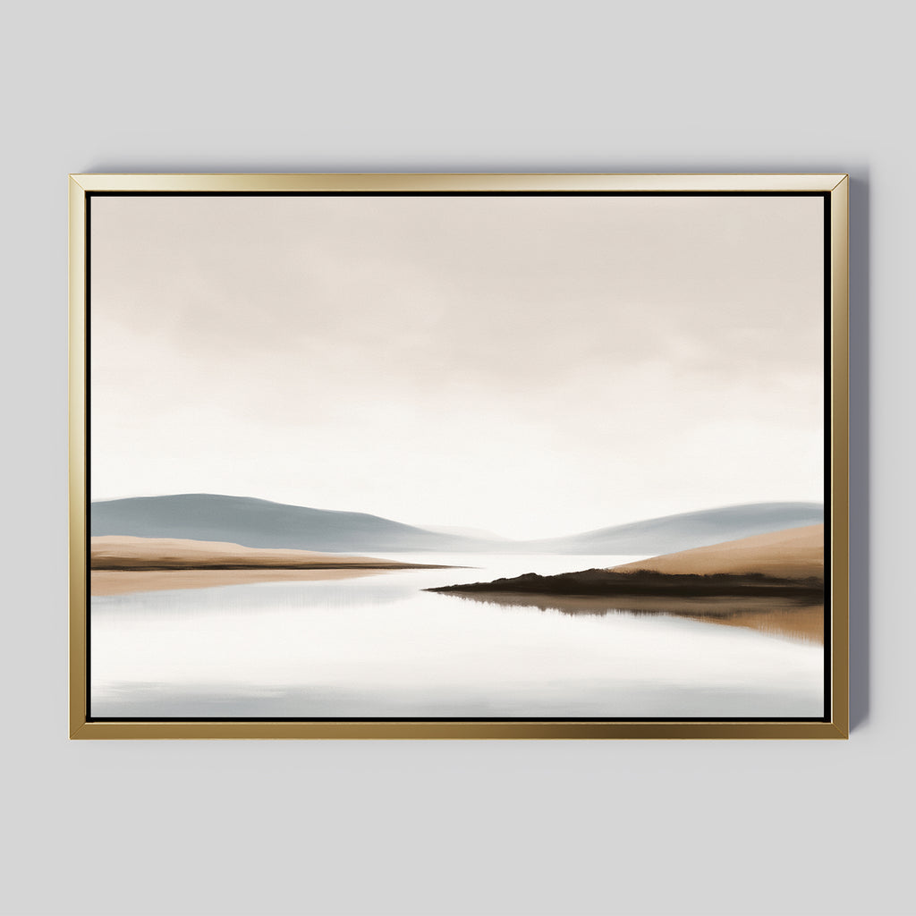 The Tranquil Waters Canvas Art - Horizontal features a serene lakeside with calm water, distant hills, and a muted sky in neutral beige, gray, and brown tones, creating a peaceful Nordic Park feel in minimalist style.
