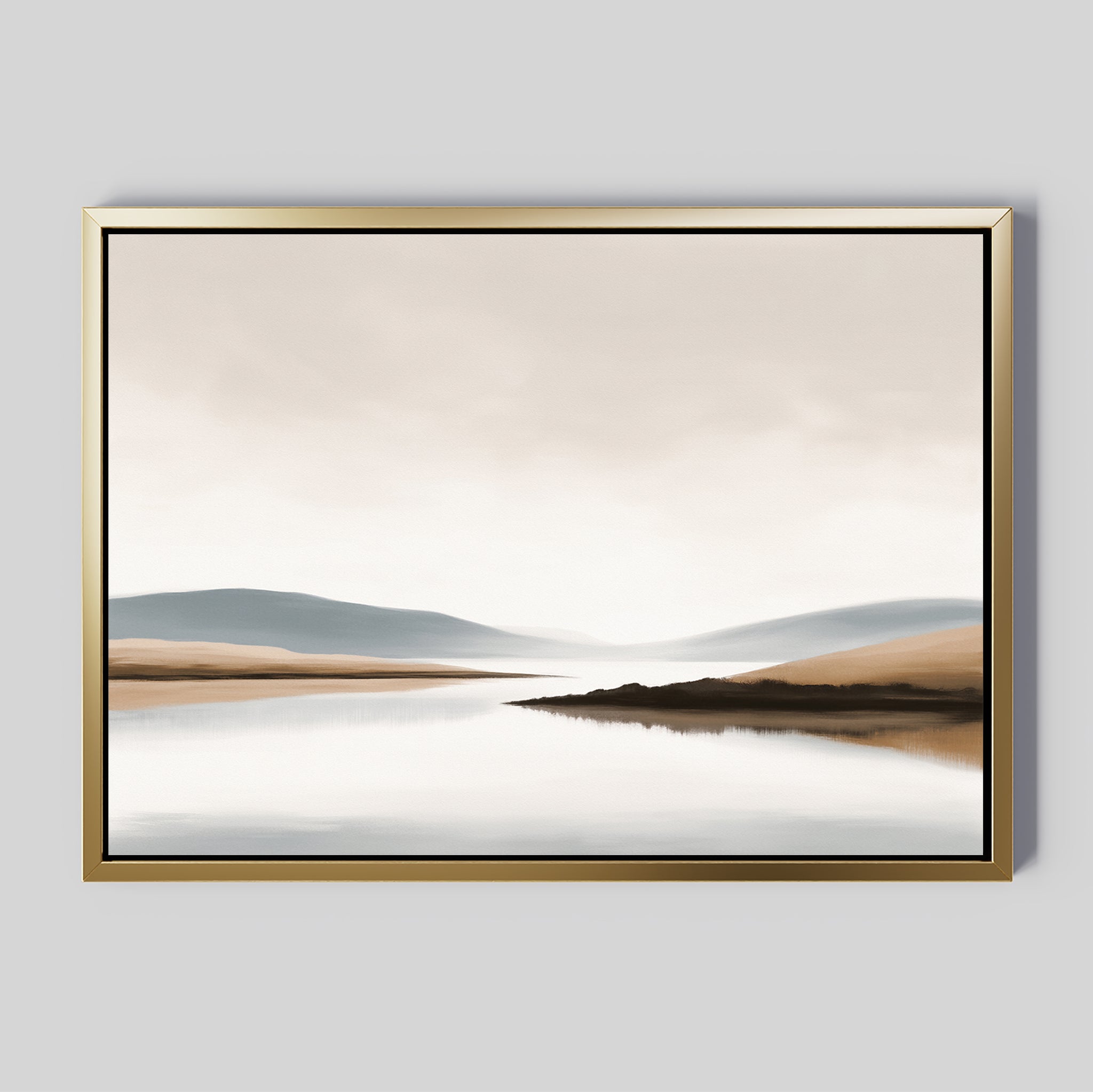 The Tranquil Waters Canvas Art - Horizontal features a serene lakeside with calm water, distant hills, and a muted sky in neutral beige, gray, and brown tones, creating a peaceful Nordic Park feel in minimalist style.