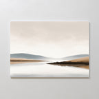 Bring Nordic Park serenity to your space with the Tranquil Waters Canvas Art - Horizontal. This minimalist print showcases misty lakes, calm waters, and rolling beige-gray hills—ideal for adding a peaceful touch to any plain white wall.