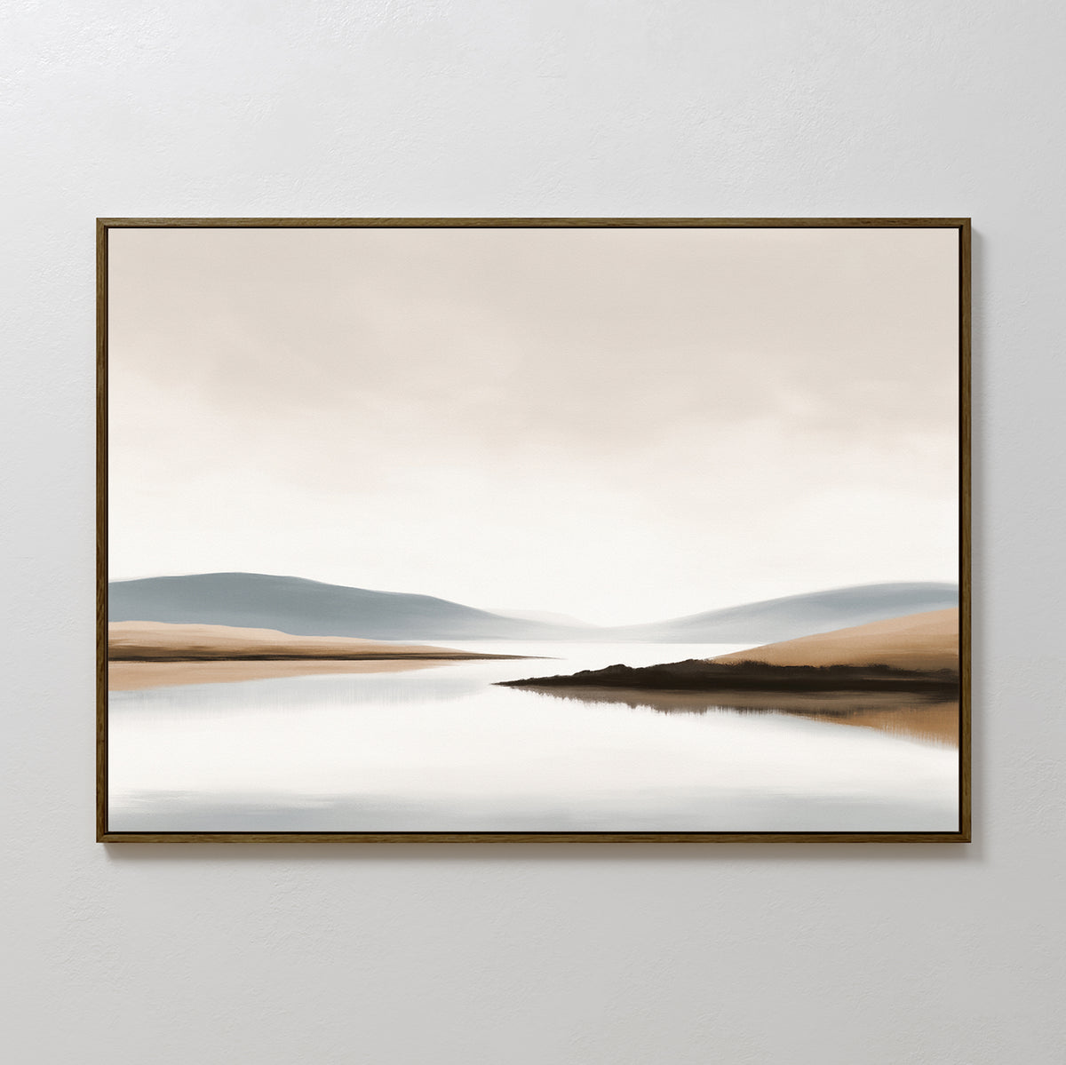 The Tranquil Waters Canvas Art - Horizontal features a serene, misty lakeside with soft beige and blue hills under a cloudy sky, capturing Nordic Park minimalism in a calming, framed canvas print.