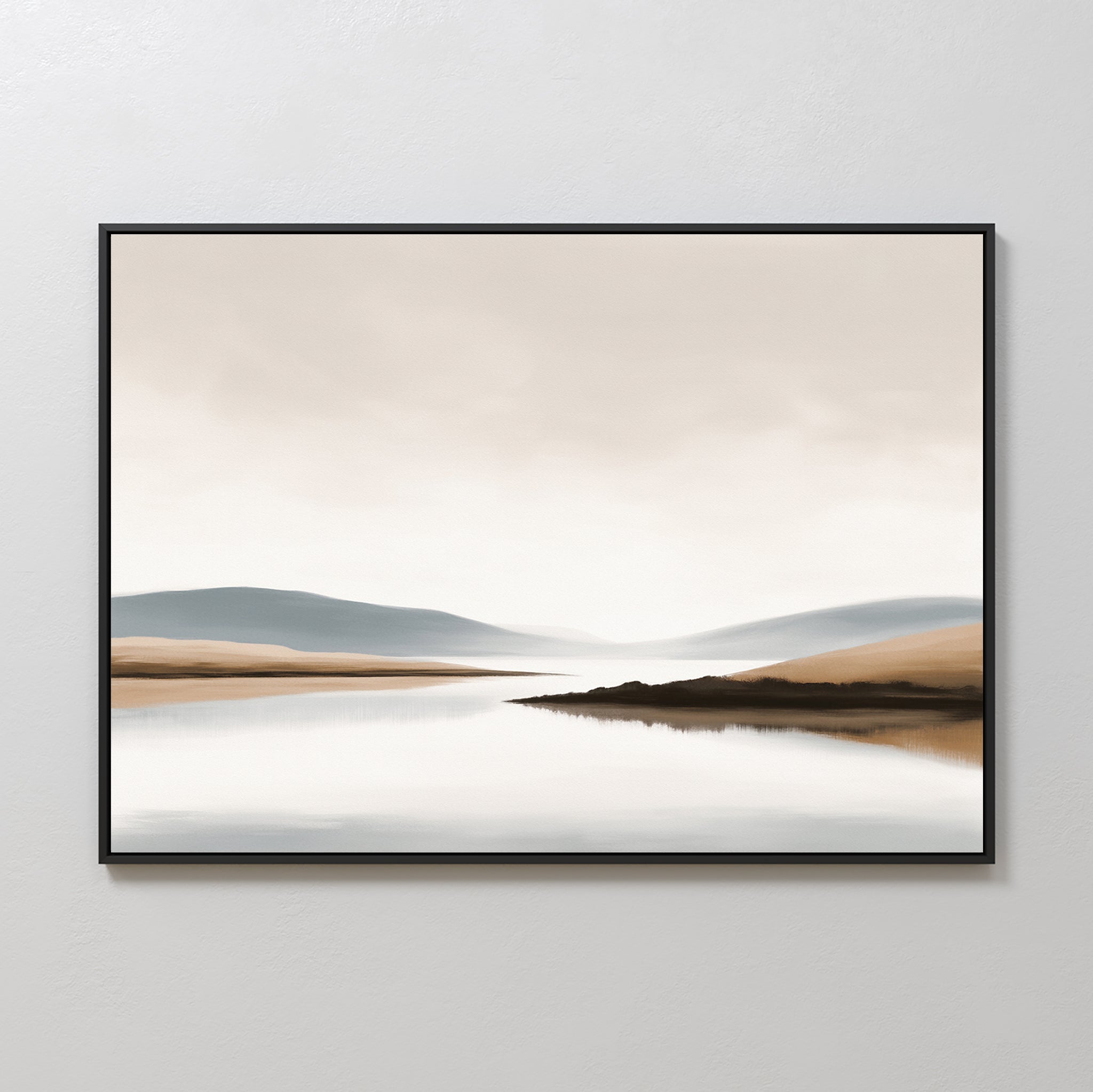 The Tranquil Waters Canvas Art - Horizontal features a minimalist misty lakeside scene with muted tones, gentle hills, and a calm water reflection. Framed in black, it brings Nordic-inspired serenity to any light-colored wall.