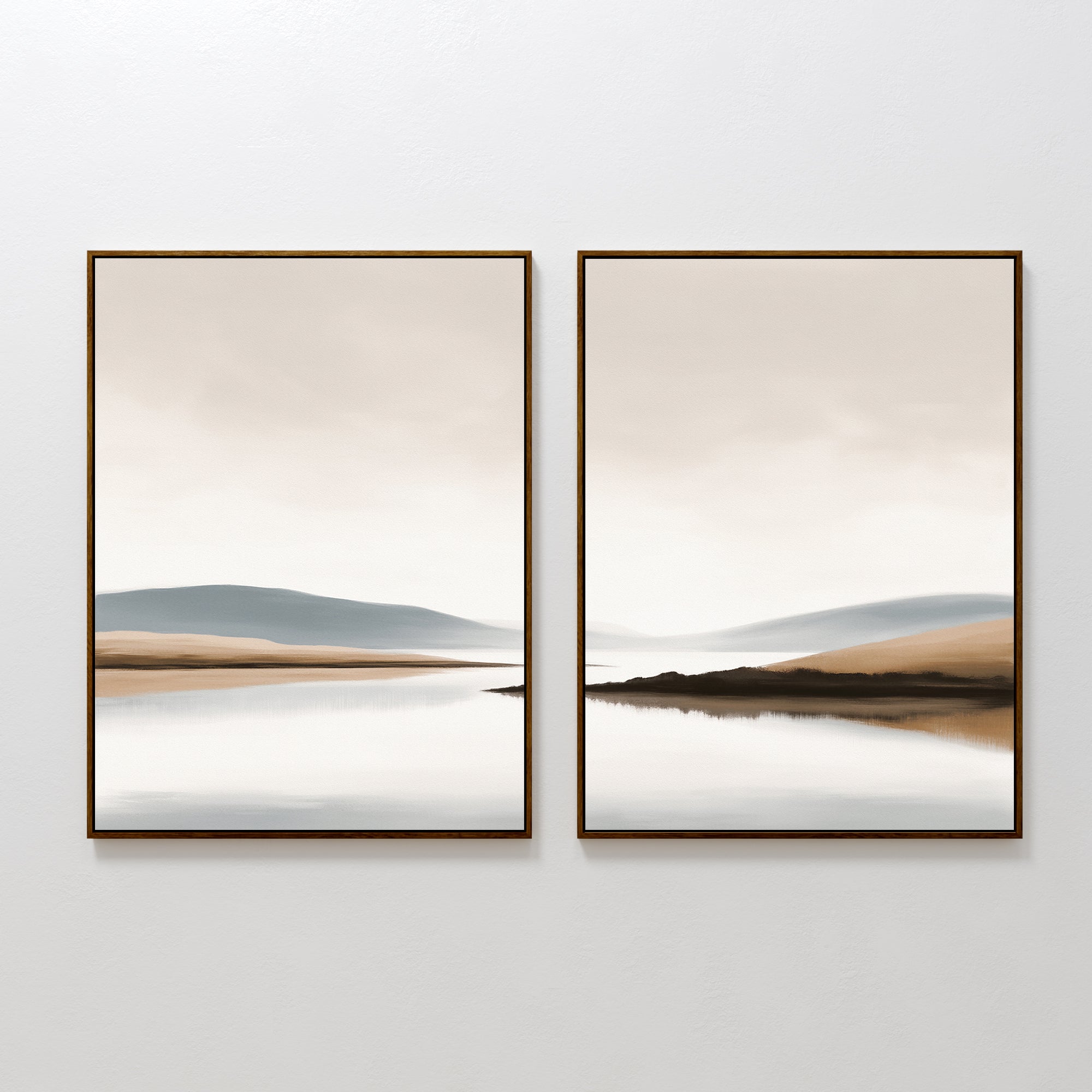 The Tranquil Waters - Set of 2 features minimalist lakeside landscape canvas prints, each with calm water and soft hills in beige, blue, and gray tones. Both framed pieces create a serene wall art display on a white wall.