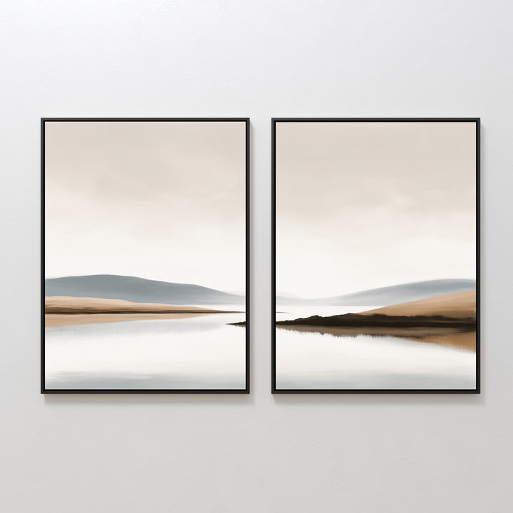 Tranquil Waters - Set of 2 features framed minimalist lakeside landscape prints with calm water, distant hills, and a neutral sky. These serene wall art pieces create a seamless, peaceful scene when displayed side by side.