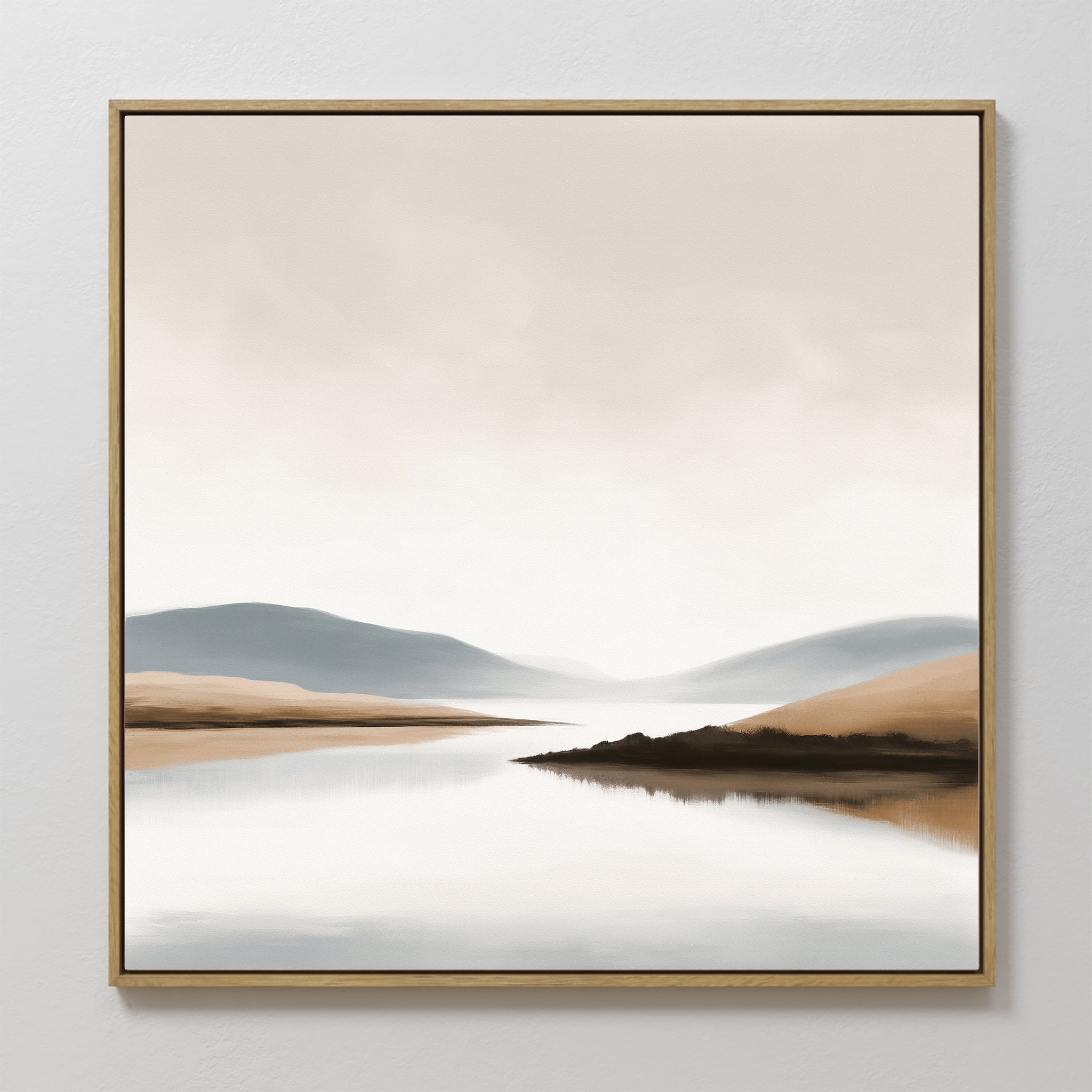 The Tranquil Waters Canvas Art - Square features a minimalist, serene lakeside landscape with calm water, soft brown and blue hills, and a hazy sky—ideal framed wall decor for your living room.