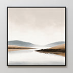 The Tranquil Waters Canvas Art - Square features a minimalist lakeside scene in soft beige, brown, and blue tones on a black-framed canvas—ideal for adding serene elegance to your living room decor.