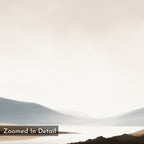 Tranquil Waters Canvas Art - Square features a minimalist lakeside scene with misty hills, calm water, and a pale sky in soft, muted colors. Ideal for living room decor. "Zoomed In Detail" text is shown at the bottom left.