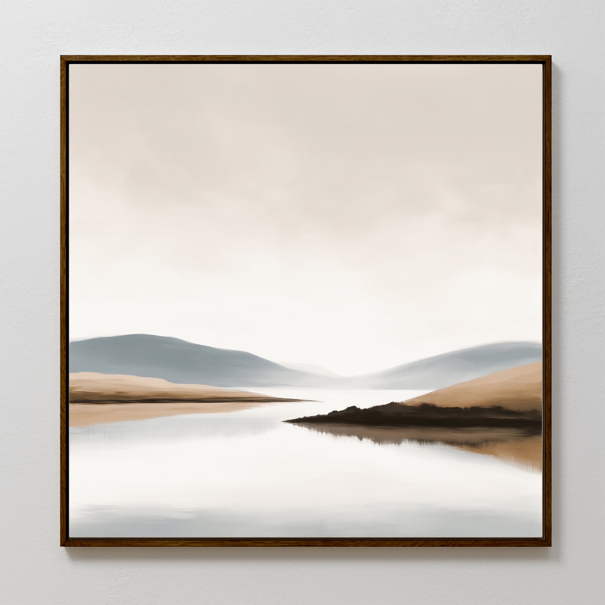 Enhance your living room decor with the Tranquil Waters Canvas Art - Square, featuring a serene lakeside scene in beige, blue, and gray tones—misty hills and a calm reflection framed for elegance on any white wall.