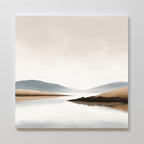 Tranquil Waters Canvas Art - Square features a minimalist lakeside landscape with calm water reflecting soft beige and gray hills beneath a cloudy sky, creating serene, muted decor perfect for modern living rooms.