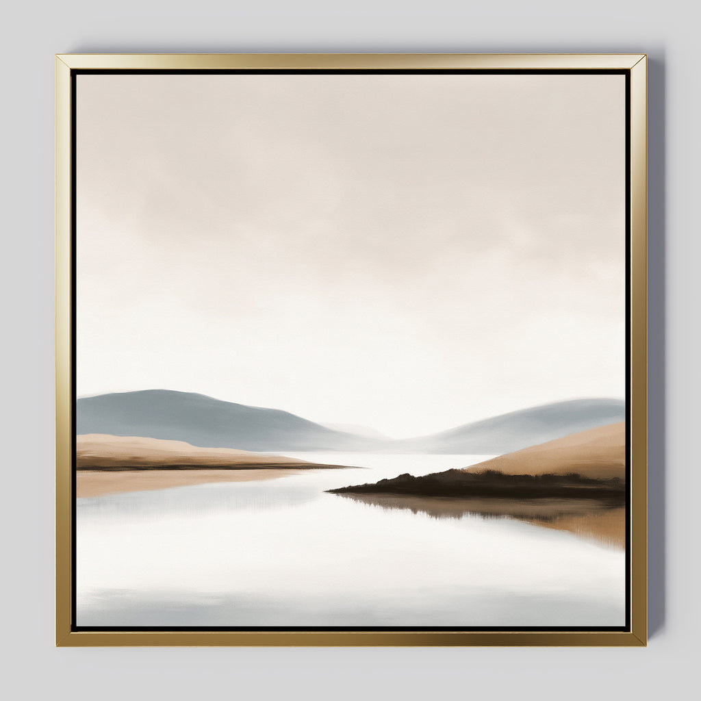 Tranquil Waters Canvas Art - Square: a framed print of a calm lake with hills and a cloudy sky in muted beige, blue, and brown tones—perfect serene landscape decor to enhance your living room.