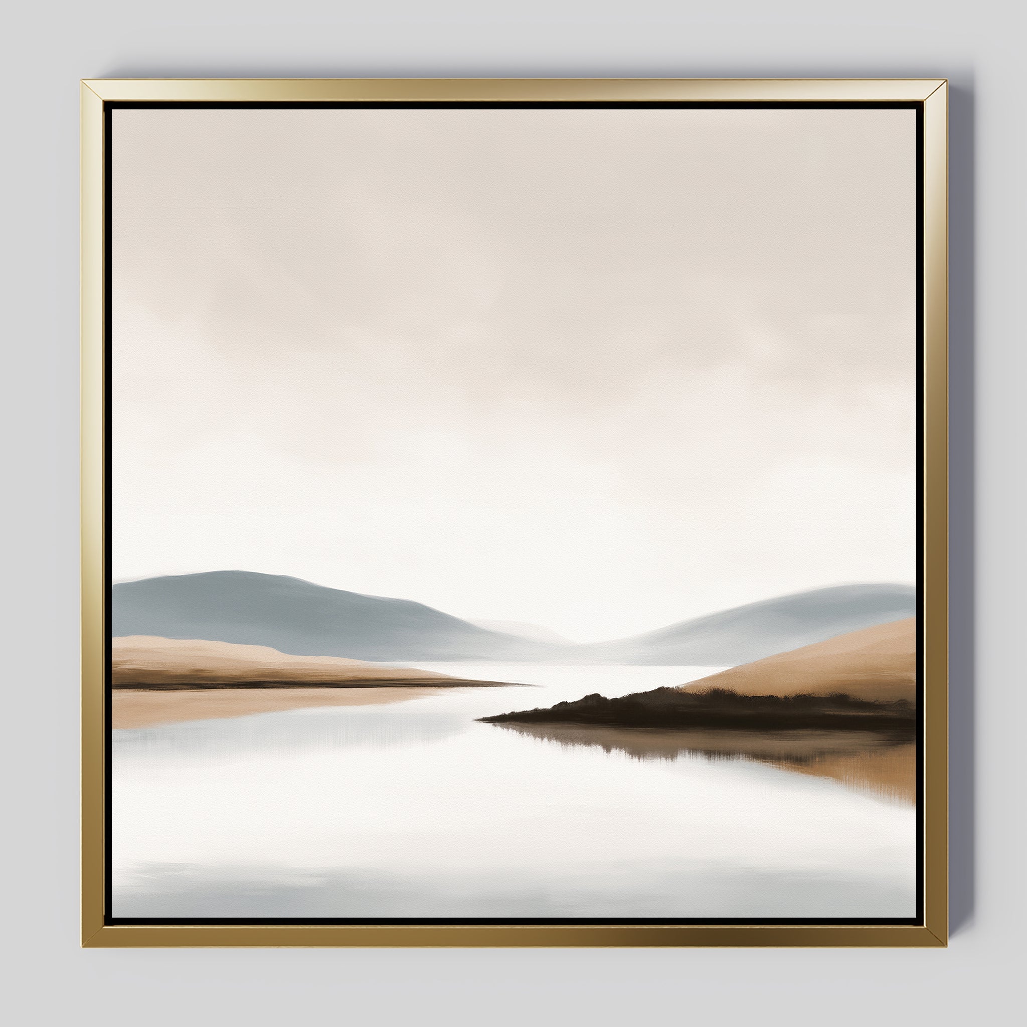 Tranquil Waters Canvas Art - Square: a framed print of a calm lake with hills and a cloudy sky in muted beige, blue, and brown tones—perfect serene landscape decor to enhance your living room.