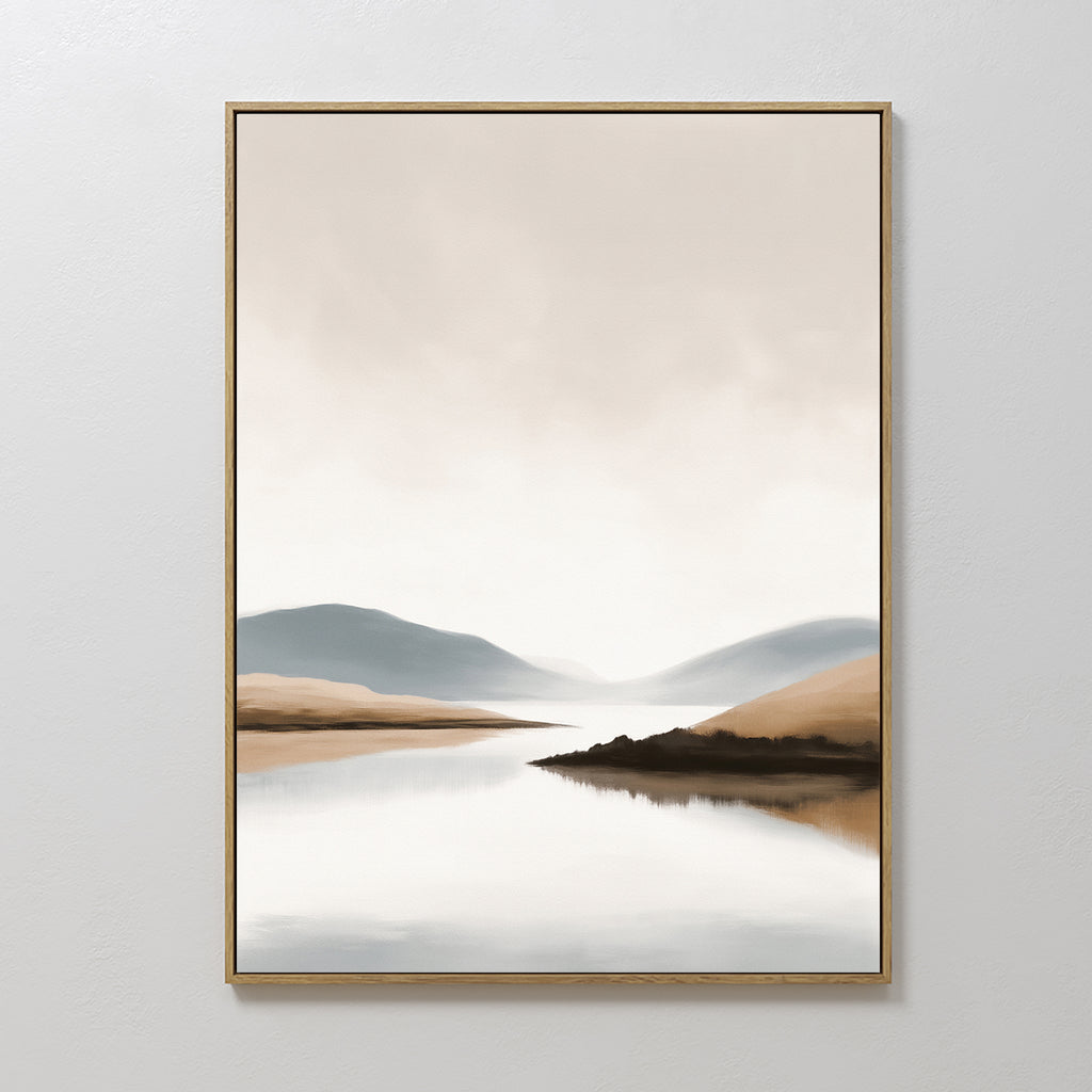 Tranquil Waters Canvas Art - Vertical: A minimalist landscape in a gold frame, with soft, hazy hills and mountains mirrored in calm water beneath a cloudy sky, rendered in muted earth tones.