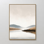 Tranquil Waters Canvas Art - Vertical: A minimalist landscape in a gold frame, with soft, hazy hills and mountains mirrored in calm water beneath a cloudy sky, rendered in muted earth tones.