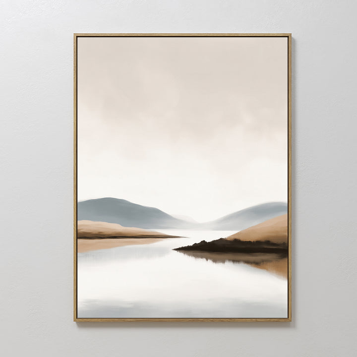 Tranquil Waters Canvas Art - Vertical: A minimalist landscape in a gold frame, with soft, hazy hills and mountains mirrored in calm water beneath a cloudy sky, rendered in muted earth tones.