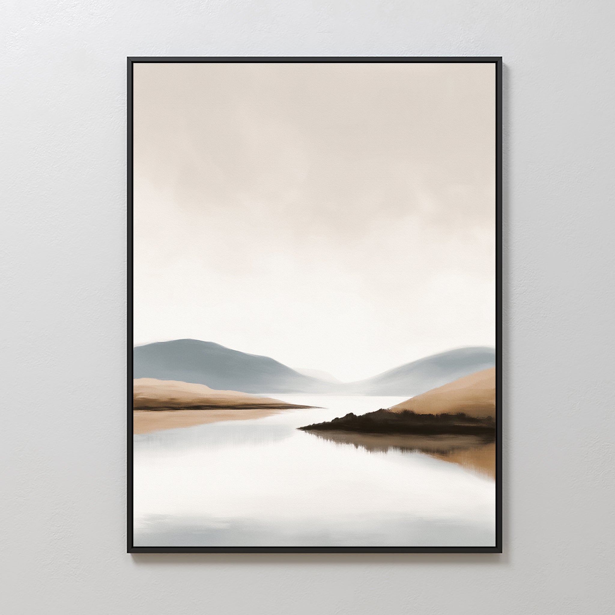 The Tranquil Waters Canvas Art - Vertical features a minimalist misty lakeside scene with calm reflections, soft hazy hills in neutral beige, brown, and gray, all elegantly framed in black and displayed on a light-colored wall.