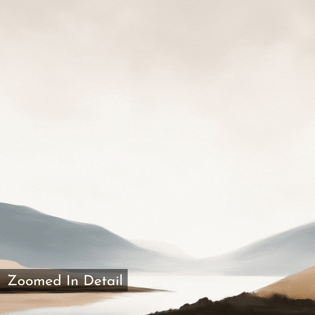 The Tranquil Waters Canvas Art - Vertical features a minimalist landscape in soft beige, brown, and blue, with distant mountains, calm waters, and a hazy sky. “Zoomed In Detail” is printed in the lower left corner.
