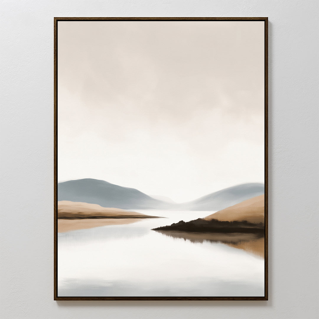 Tranquil Waters Canvas Art - Vertical features a serene minimalist landscape of calm waters, soft brown and blue hills, and a misty sky in muted tones, all set within a thin dark frame.
