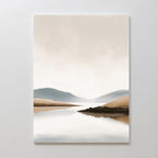Elevate your space with the Tranquil Waters Canvas Art - Vertical, featuring a minimalist serene landscape in soft beige and blue tones, tranquil waters, gentle hills, and a cloudy sky for a peaceful atmosphere.