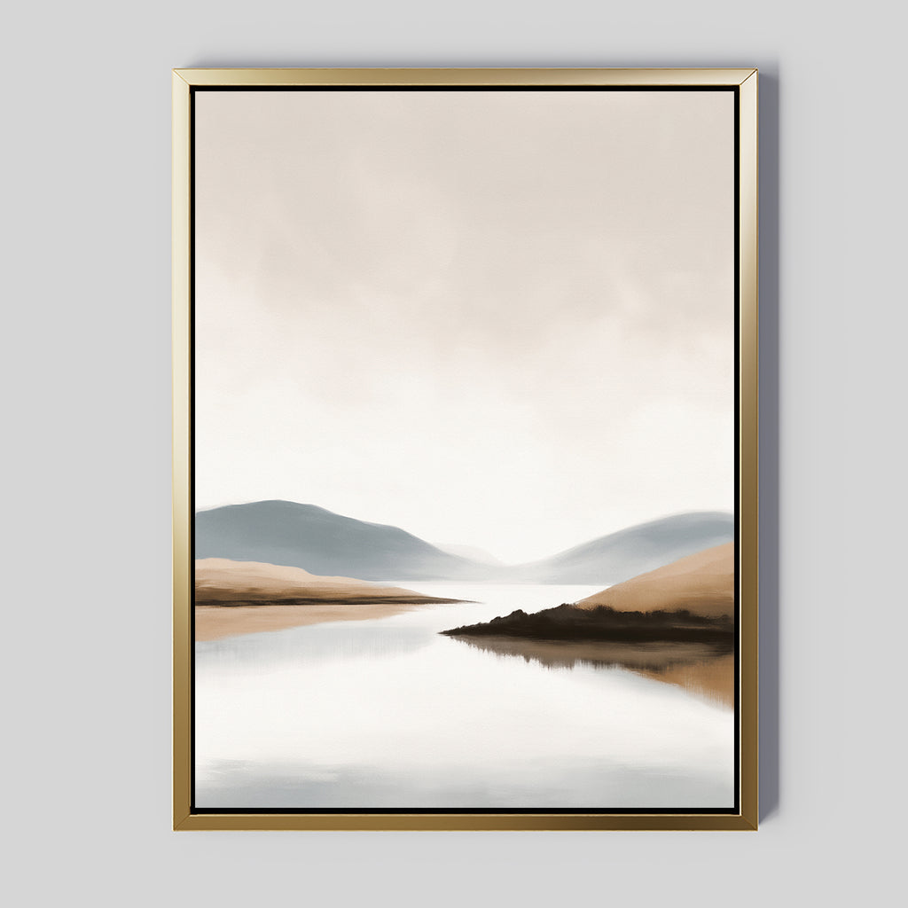 Tranquil Waters Canvas Art - Vertical: This minimalist landscape features gentle hills and calm waters in muted beige, brown, and blue tones beneath a cloudy sky, framed in gold for a peaceful, serene touch to your space.