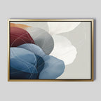 The "Translucent Petals Canvas Art - Horizontal" showcases overlapping organic shapes in blue, white, and red with thin curving outlines and a slim gold frame on a light gray background—ideal for contemporary wall art lovers.