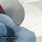 Translucent Petals Canvas Art - Horizontal showcases overlapping circular shapes in blue, gray, cream, and red hues with fine white lines. The phrase "Zoomed In Detail" is displayed in the lower left corner for a contemporary touch.