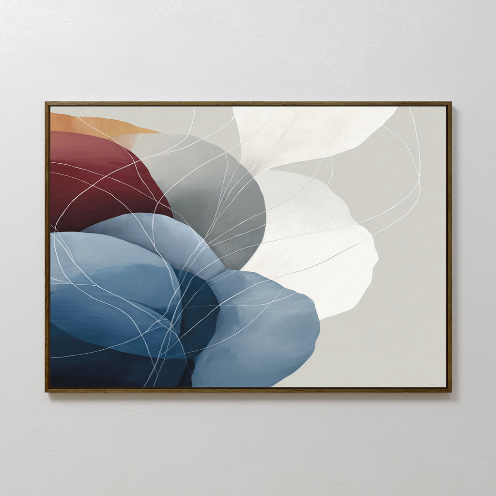 Translucent Petals Canvas Art - Horizontal features overlapping organic shapes in blue, burgundy, and white with fine white lines on a neutral background. This contemporary wall art adds a modern touch to any space.