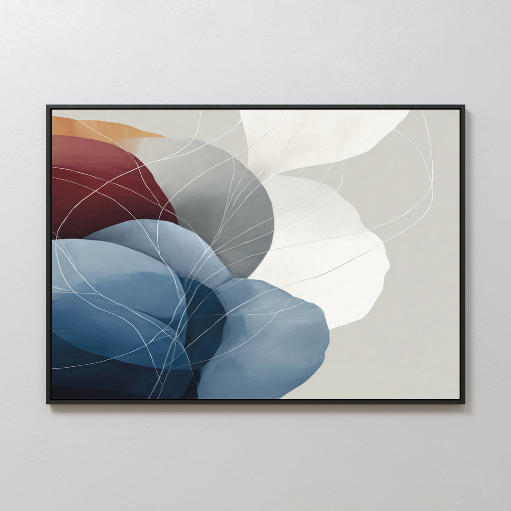 Translucent Petals Canvas Art - Horizontal features overlapping blue, red, white, and beige shapes with thin white lines on a light gray background. Framed in black, it brings a modern, contemporary touch to any space.