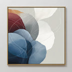Translucent Petals Canvas Art - Square features abstract overlapping shapes in blue, white, and burgundy with thin curved white lines on canvas, set in a wooden frame—an eye-catching contemporary piece for any space.