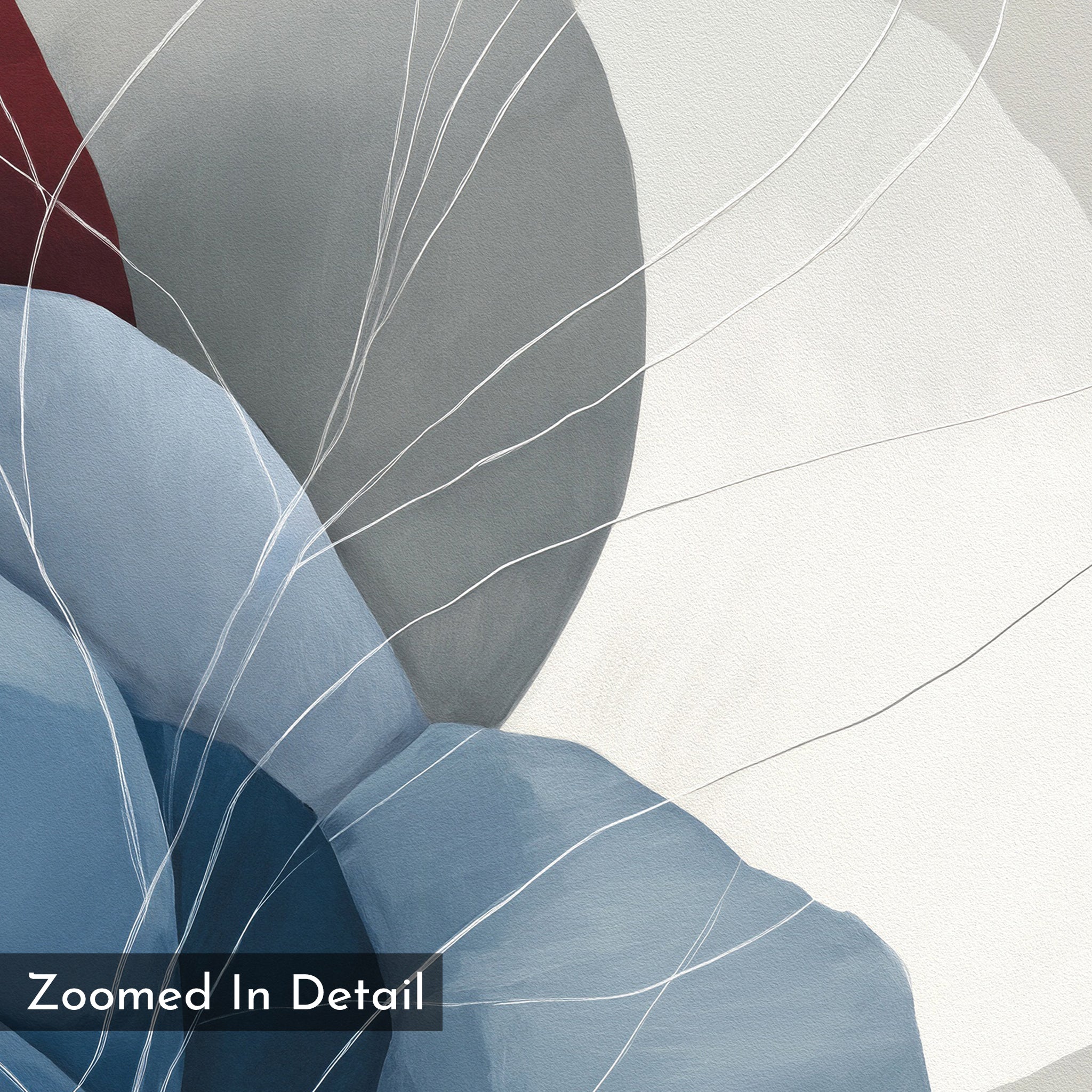 Translucent Petals Canvas Art - Square features abstract overlapping organic shapes in blue, gray, and burgundy with thin white lines. A “Zoomed In Detail” label accents its modern style, perfect as contemporary wall art.