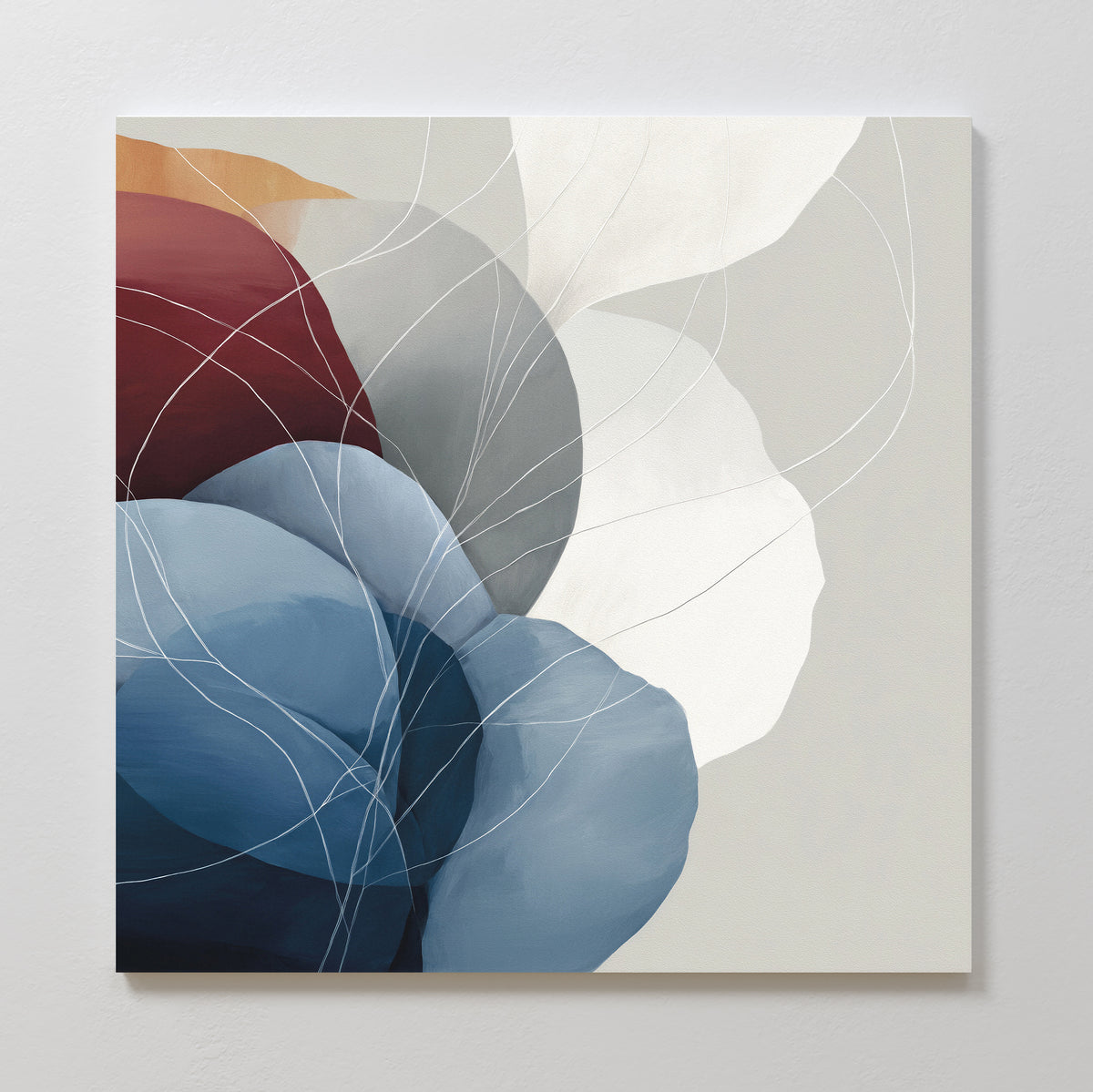 Translucent Petals Canvas Art – Square: Abstract wall art featuring overlapping organic shapes in blue, gray, maroon, and white with thin curved lines on a light beige background—ideal for modern spaces.