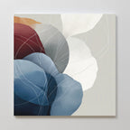 Translucent Petals Canvas Art – Square: Abstract wall art featuring overlapping organic shapes in blue, gray, maroon, and white with thin curved lines on a light beige background—ideal for modern spaces.