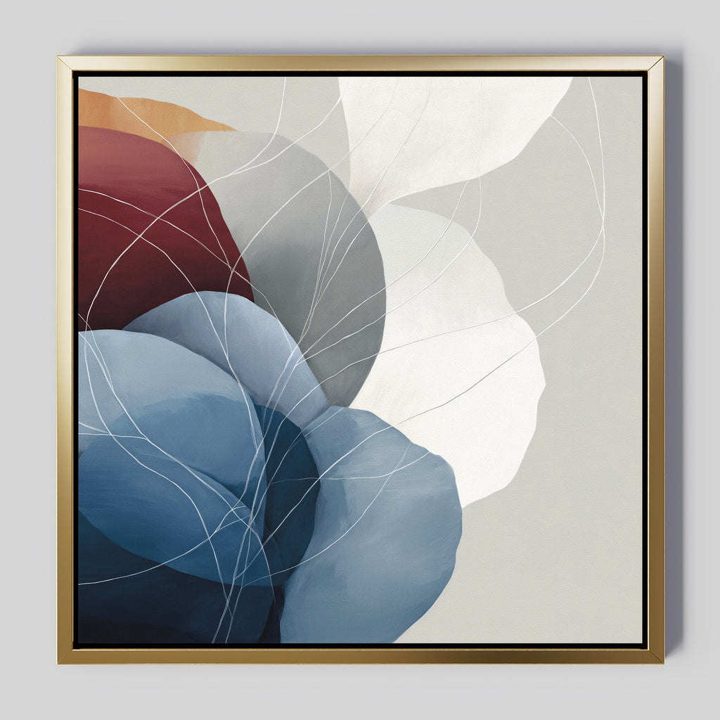 Translucent Petals Canvas Art - Square features overlapping blue, white, and red organic shapes with thin white lines on a light gray background in a gold frame—a contemporary piece ideal for enhancing your Nordic Park-inspired decor.