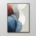 Translucent Petals Canvas Art - Vertical features overlapping leaf-like shapes in blue, white, maroon, and beige with thin white curves. Framed in black, it adds Nordic Park-inspired abstract style to your space.