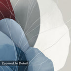 Translucent Petals Canvas Art - Vertical features curved shapes in blue, gray, red, and white with intersecting thin white lines and “Zoomed In Detail” text in the lower left. Perfect for modern or Nordic Park-inspired interiors.