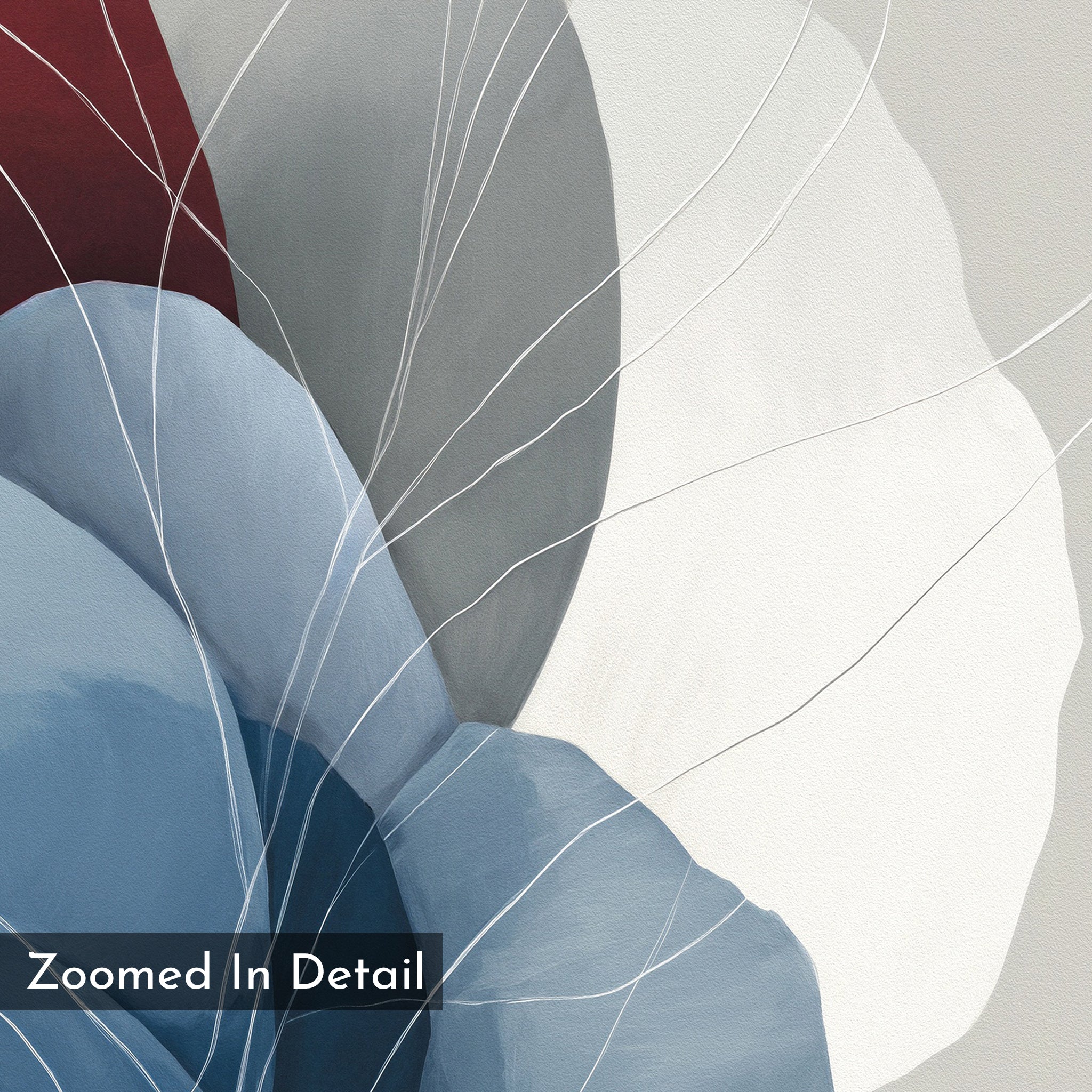 Translucent Petals Canvas Art - Vertical features curved shapes in blue, gray, red, and white with intersecting thin white lines and “Zoomed In Detail” text in the lower left. Perfect for modern or Nordic Park-inspired interiors.