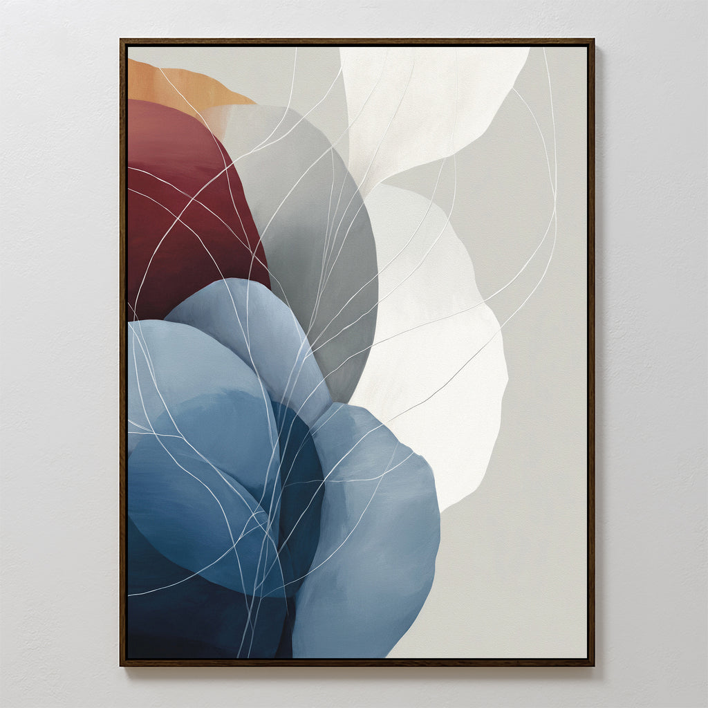Translucent Petals Canvas Art - Vertical showcases overlapping translucent blue, burgundy, and white shapes with fine white lines. Framed for a modern touch, it suits Nordic Park-inspired spaces and looks striking against a light wall.