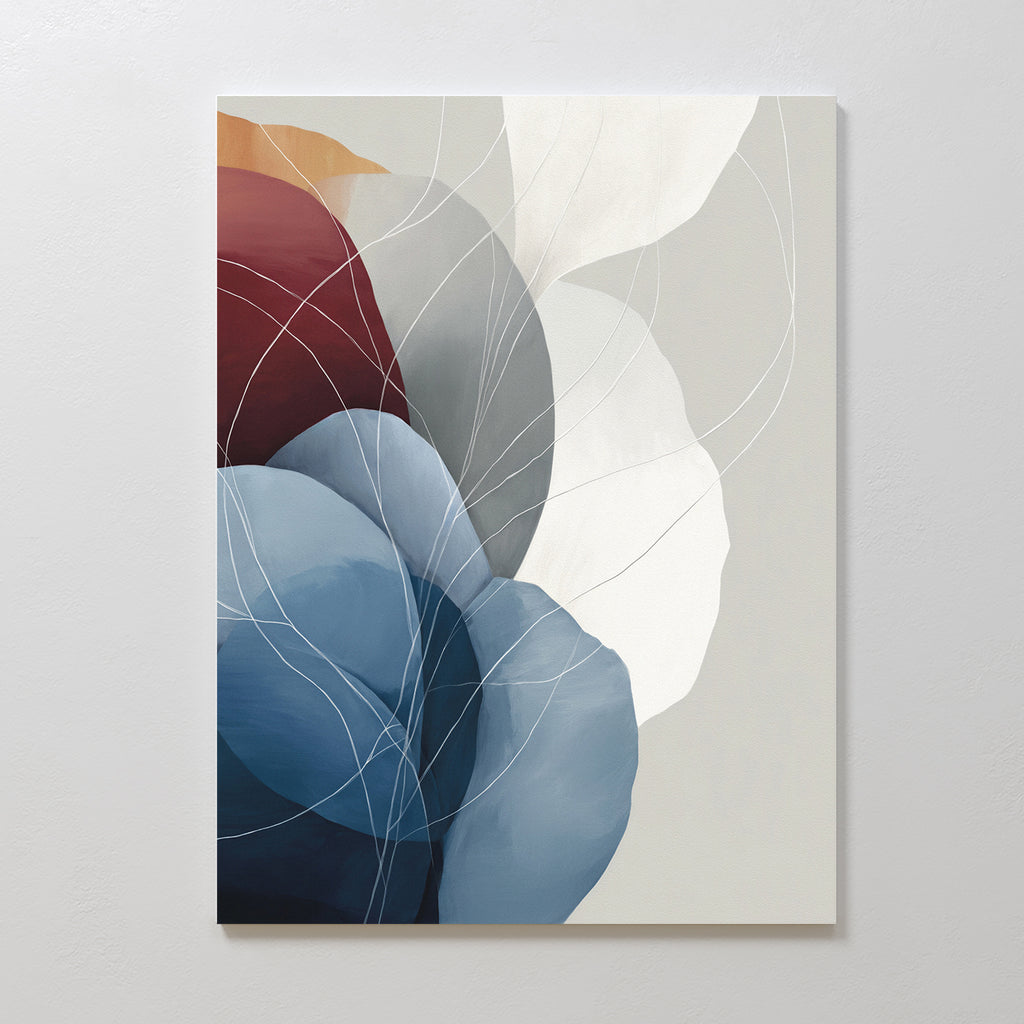 Translucent Petals Canvas Art - Vertical showcases overlapping shapes in blue, white, maroon, and beige. Thin white curved lines intersect the forms, creating a sense of movement and depth on a neutral background.