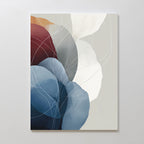 Translucent Petals Canvas Art - Vertical showcases overlapping shapes in blue, white, maroon, and beige. Thin white curved lines intersect the forms, creating a sense of movement and depth on a neutral background.