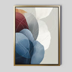 Translucent Petals Canvas Art - Vertical features a gold frame and abstract overlapping shapes in blue, white, burgundy, and beige with curved white lines on a light gray background—ideal for bringing modern style to your space.