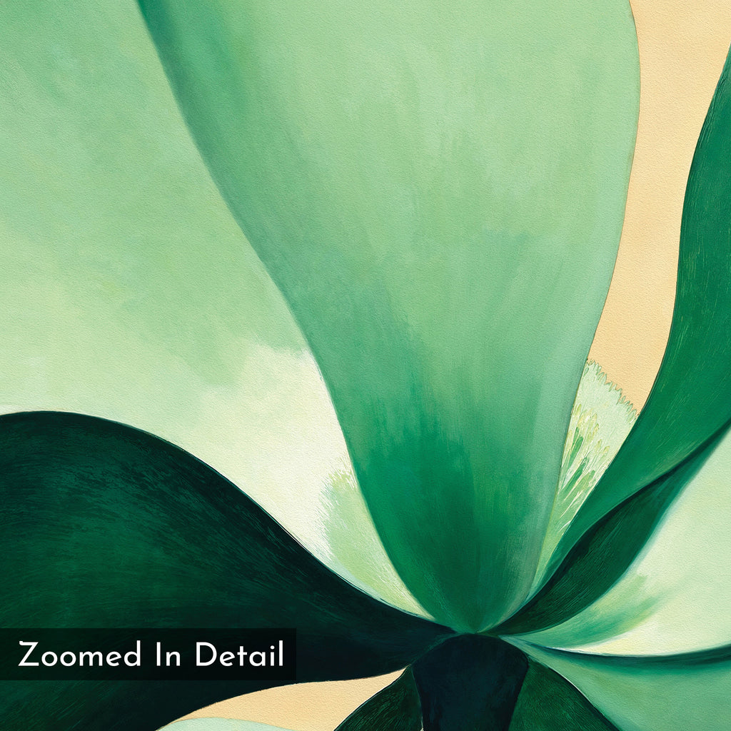 Close-up view of smooth, abstract green plant leaves with soft gradients and curves on a beige background. Features a black Zoomed In Detail label. Tropical Serenity Canvas Art - Horizontal is perfect for neutral or minimalist wall decor.