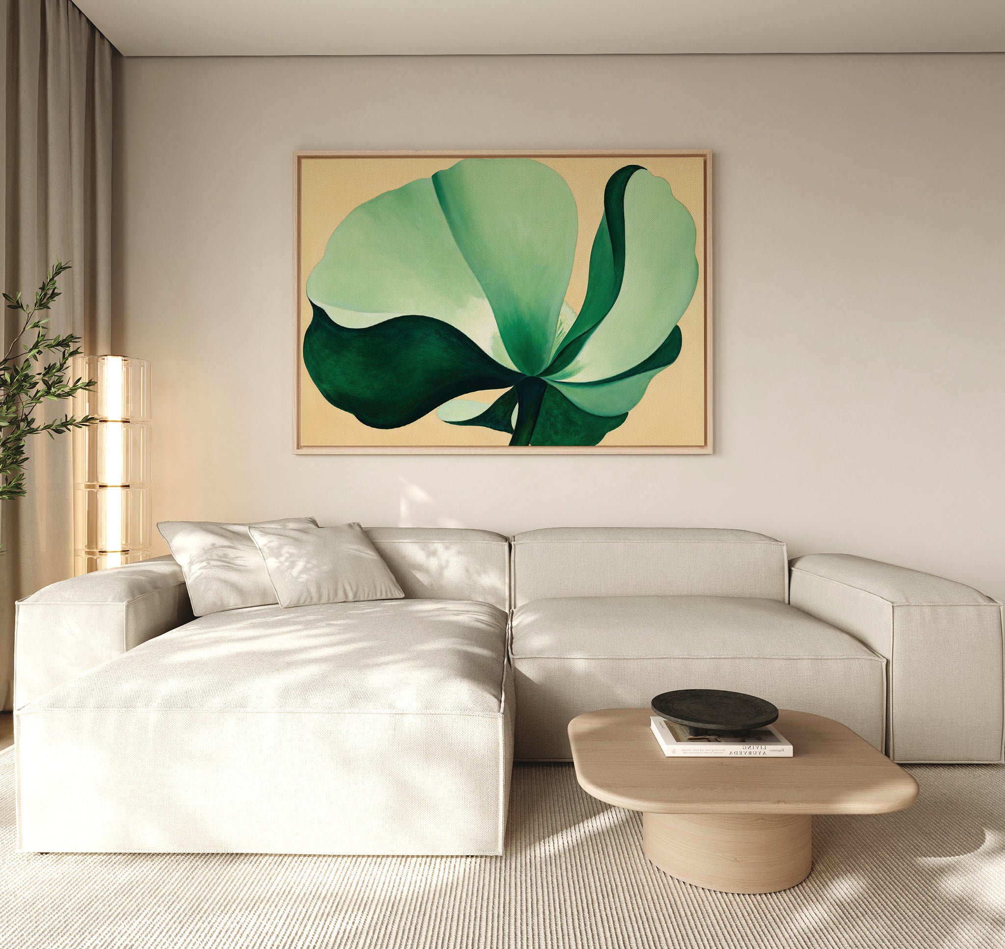 A modern living room with a light beige sectional sofa, a wooden coffee table, and the Tropical Serenity Canvas Art - Horizontal as neutral wall decor. Soft natural light enters from the left, with a plant in the corner.
