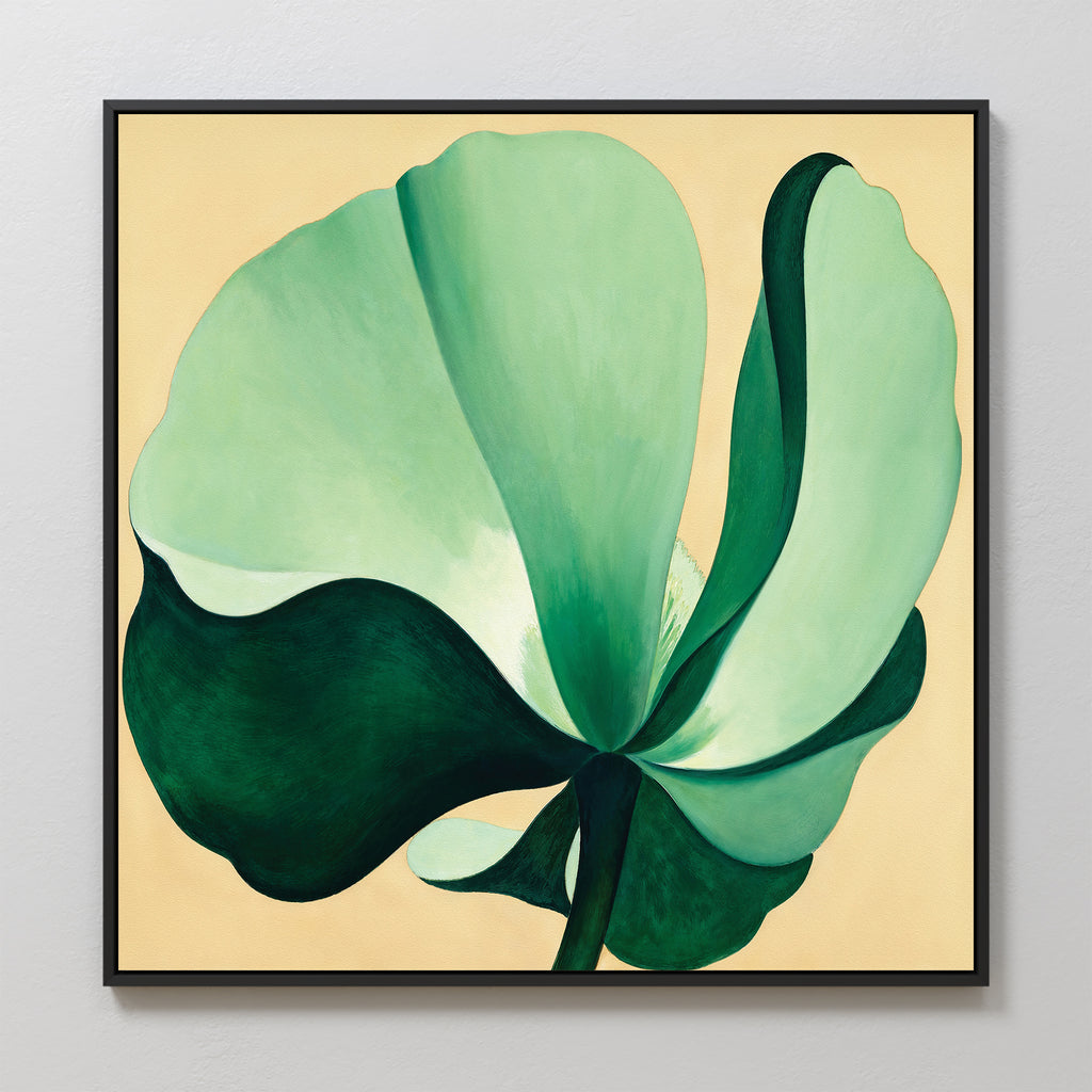 Tropical Serenity Canvas Art - Square features a large abstract green flower with flowing petals on a soft beige background—ideal as calming coastal wall decor or an elegant beige canvas print.