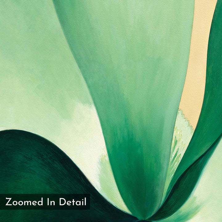 A close-up of the Tropical Serenity Canvas Art - Square features abstract green and yellow plant forms with smooth curves and soft gradients, evoking minimalist palm tree art. “Zoomed In Detail” appears in white on a black box in the lower left corner.